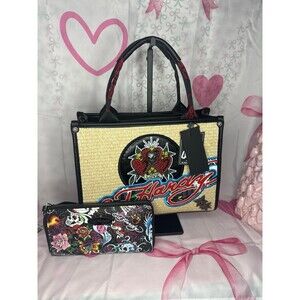 ED HARDY Black and Straw Satchel Tote and Wallet